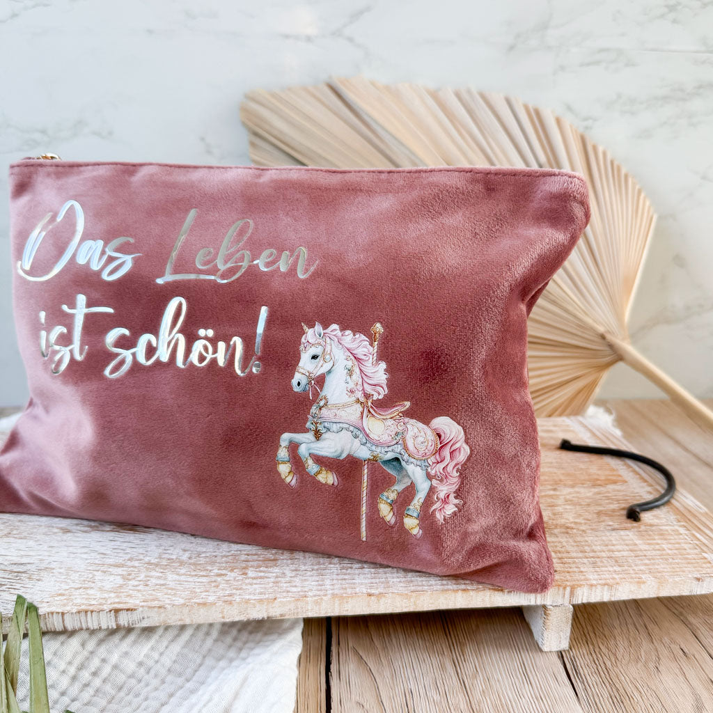 Kosmetiktasche | Samt | Das Leben ist schön | Karussellpferd
