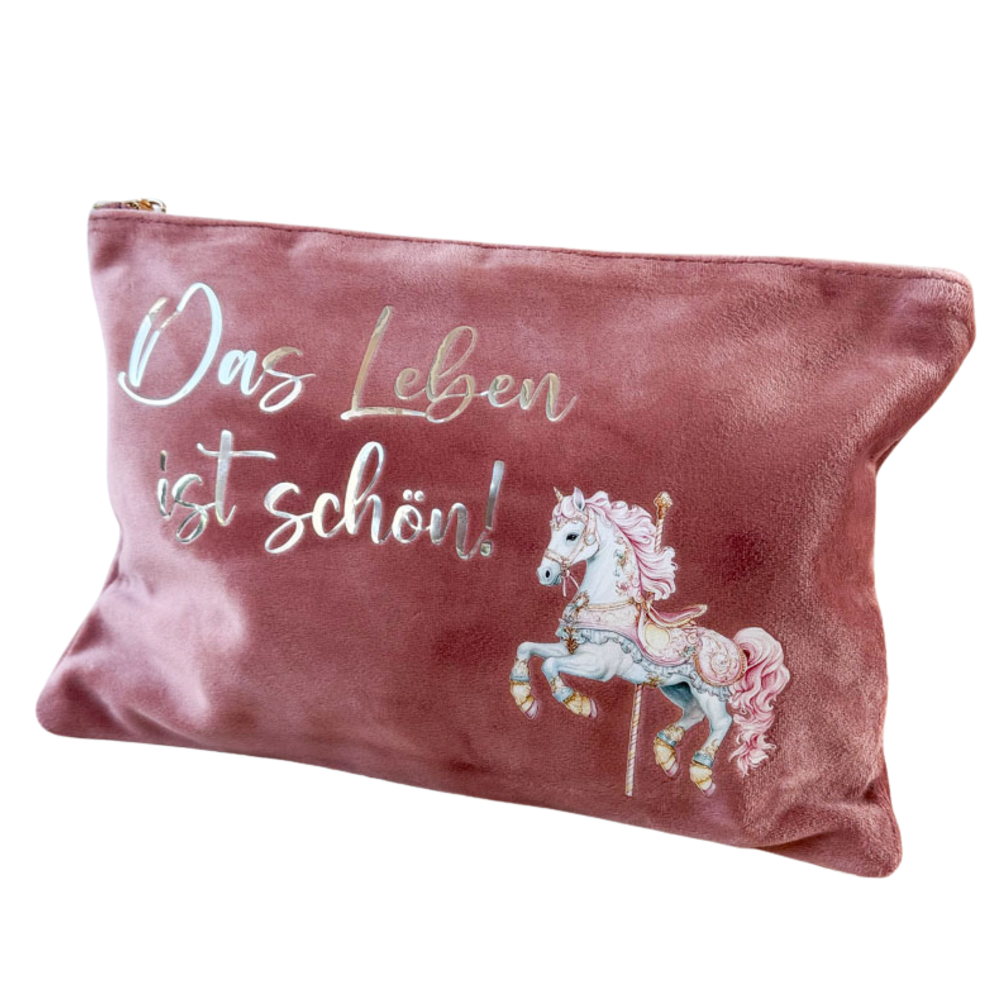 Kosmetiktasche | Samt | Das Leben ist schön | Karussellpferd