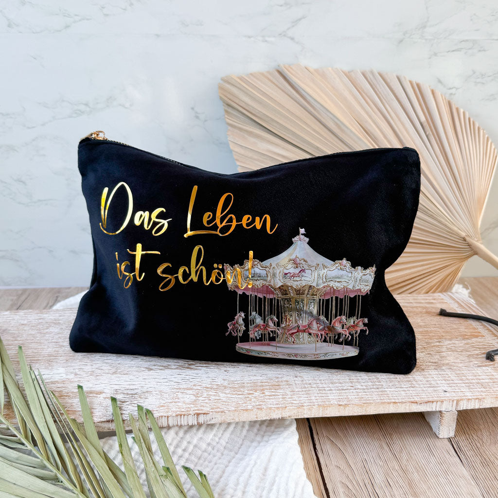 Kosmetiktasche | Samt | Das Leben ist schön | Pferdekarussell