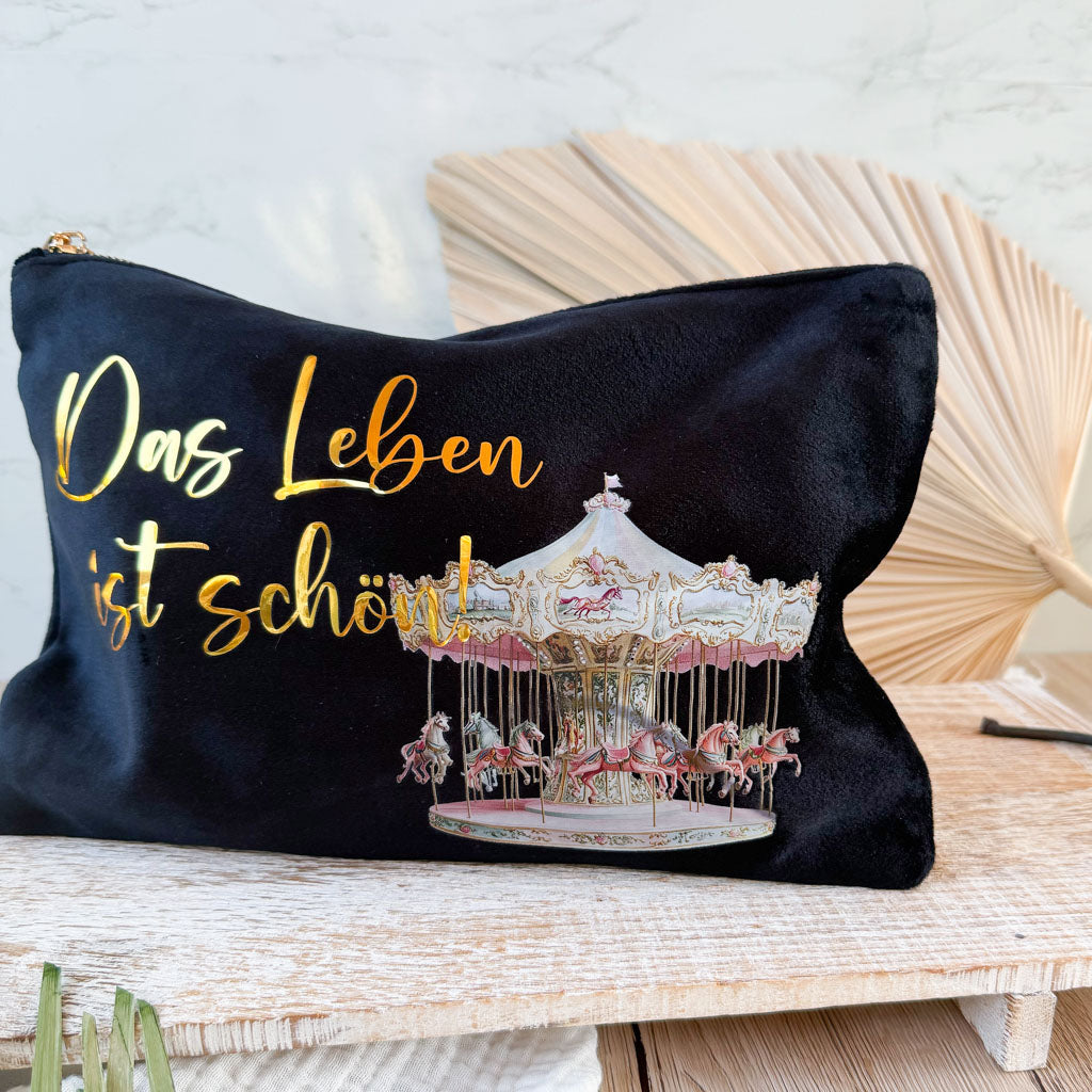 Kosmetiktasche | Samt | Das Leben ist schön | Pferdekarussell