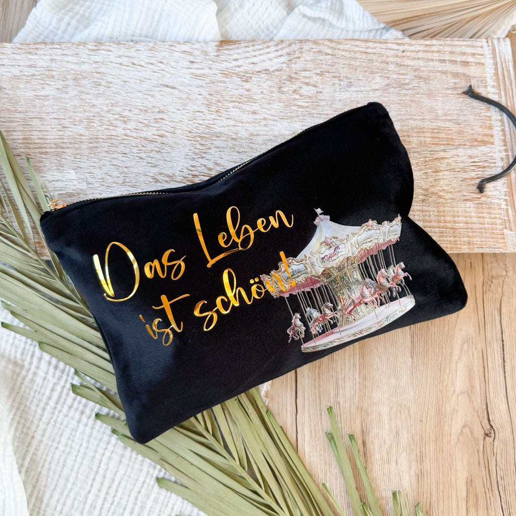 Kosmetiktasche | Samt | Das Leben ist schön | Pferdekarussell