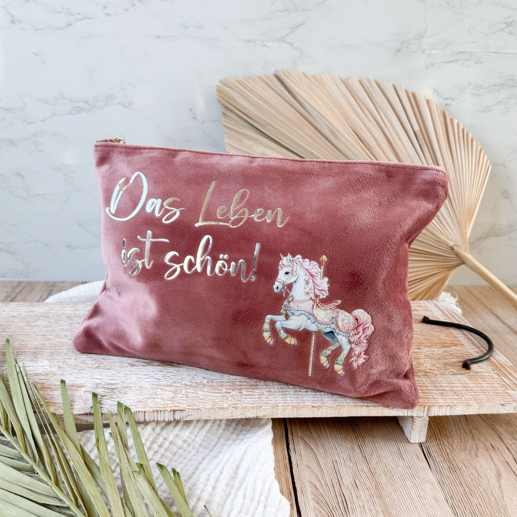 Kosmetiktasche | Samt | Das Leben ist schön | Karussellpferd