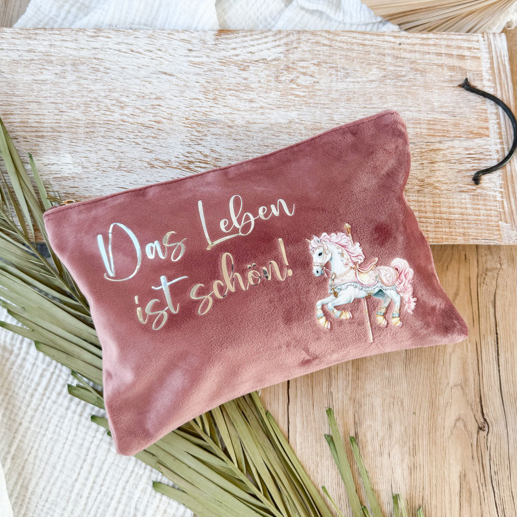 Kosmetiktasche | Samt | Das Leben ist schön | Karussellpferd